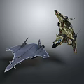 Two Military Fighter Jets Gray And Camouflage Displayed On Dark Background