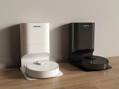 Roborock White And Black Robot Vacuum Cleaners On Modern Wooden Floor 3d model