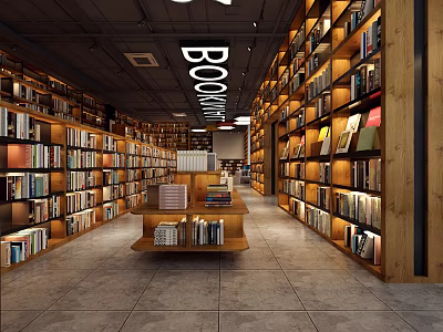 Book Art Themed Bookstore Interior With Bookshelves And Central Display Tables 3d model