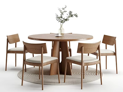 Round Wooden Dining Table With Four Upholstered Chairs And Green Plant Vase On Woven Rug 3d model