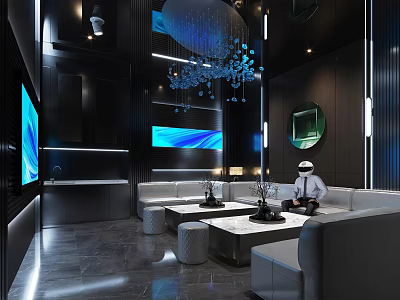 Modern KTV Interior With Large Screen TV Comfortable Sofa Coffee Tables And Chandelier 3d model