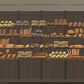 Assorted Fresh Baked Bread and Pastries Displayed on Multiple Metal Shelves Against Warm Wooden Wall