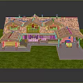 Cartoon Style Wooden House Scene With Red Roof Green Lawn Blue Car And Front Porch