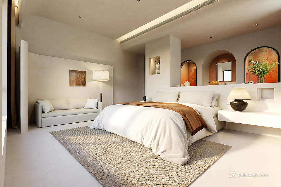 Elegant Modern Hotel Room Interior With King Bed Sofa Beige Rug Arch Windows Decorative Painting 3d model 