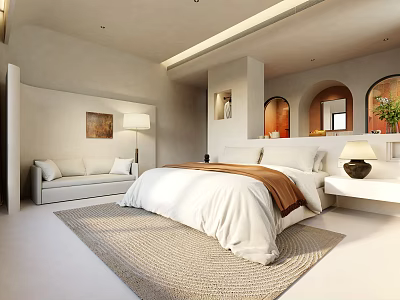 Elegant Modern Hotel Room Interior With King Bed Sofa Beige Rug Arch Windows Decorative Painting 3d model