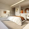 Elegant Modern Hotel Room Interior With King Bed Sofa Beige Rug Arch Windows Decorative Painting