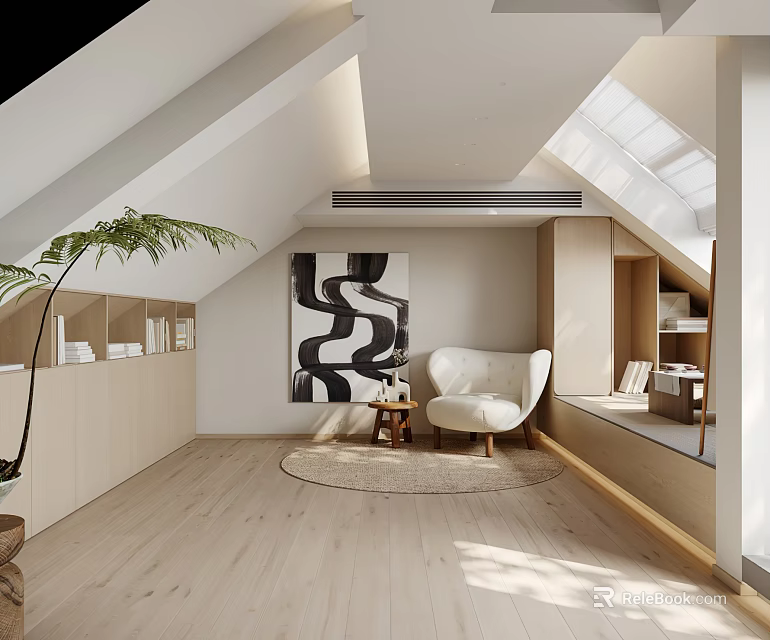 Attic Interior With Sloped Skylights White Armchair Black White Abstract Painting Wooden Cabinets Light Flooring 3d model 