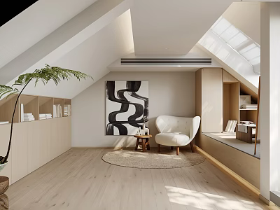 Attic Interior With Sloped Skylights White Armchair Black White Abstract Painting Wooden Cabinets Light Flooring 3d model