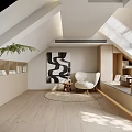 Attic Interior With Sloped Skylights White Armchair Black White Abstract Painting Wooden Cabinets Light Flooring