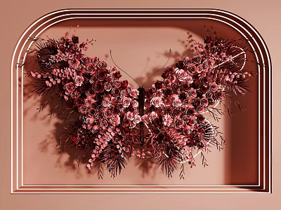 Elegant Butterfly Shaped Floral Installation with Pink Red Blooms and Green Foliage in Arched Frame 3d model