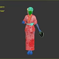 Japanese Woman In Pink Kimono With Red Patterns And Hair Accessory Holding Small Bag