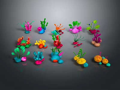 Colorful Cartoon Style Plants With Various Shapes And Vibrant Colors On Black Background 3d model