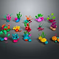 Colorful Cartoon Style Plants With Various Shapes And Vibrant Colors On Black Background