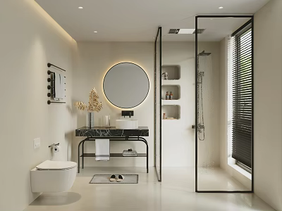 Modern Bathroom With Round Mirror Vanity And Shower Area 3d model