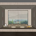 Serene Tea Room Interior With Wooden Structure Window Blinds Plants And Tea Set