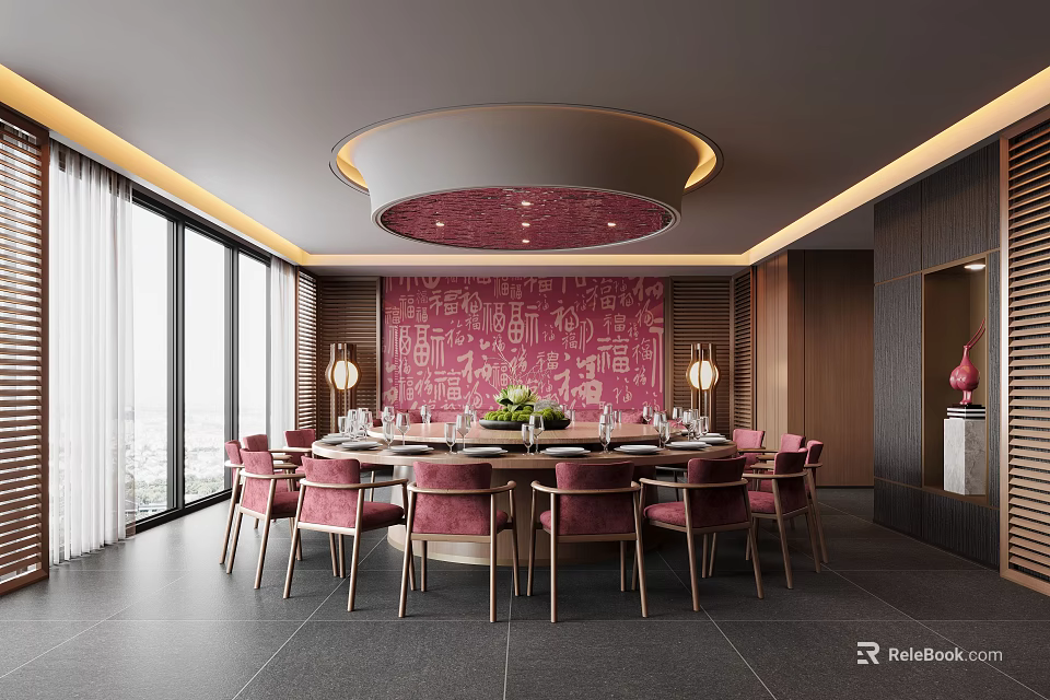 Elegant Private Dining Room With Round Table Pink Chairs Red Decorative Wall And Large Windows 3d model