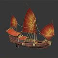 Vintage Chinese Junk Sailing Boat With Red Sails Cargo And Dark Background Reflection