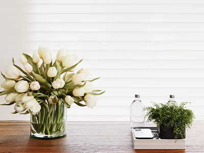 White Tulips in Glass Vase on Wooden Table with Small Plants and Glass Bottles 3d model