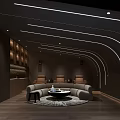 Modern Home Theater Room With Curved Lighting Strips Curved Sofa And Wooden Cabinets