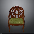 Red Carved Armchair With Yellow Cushion And Ornate Backrest Design