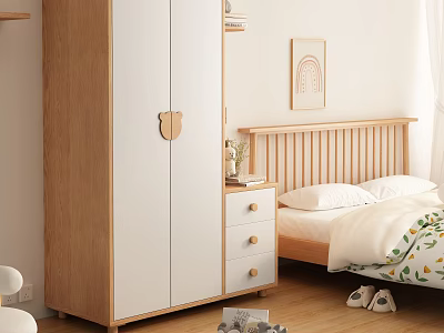 Modern Wooden and White Wardrobe Interior With Bedroom Bed Nightstand Decor 3d model