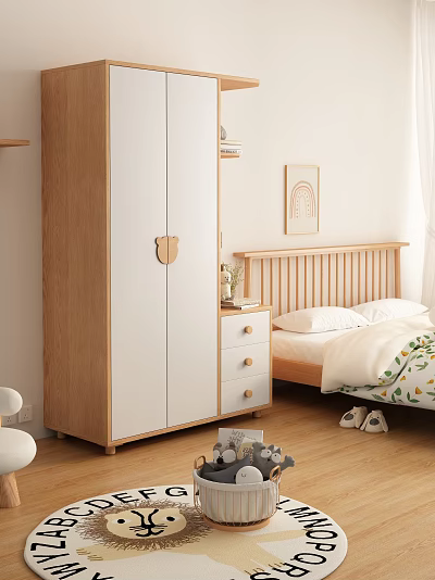 Modern Wooden and White Wardrobe Interior With Bedroom Bed Nightstand Decor 3d model