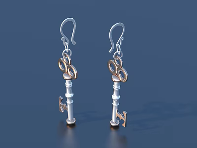 Key Shaped Silver And Gold Metallic Earrings With Hook On Blue Background 3d model