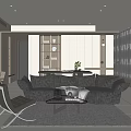 Modern Living Room Interior With Beige Sofa Black Chair Coffee Table Shelves And Soft Lighting