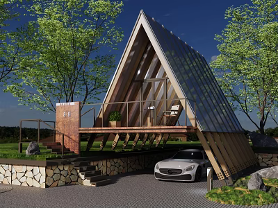 Triangular Roof Wooden House With Glass Walls Trees Car And Stone Steps 3d model