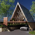 Triangular Roof Wooden House With Glass Walls Trees Car And Stone Steps