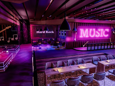 Hard Rock Bar Interior With Purple Lighting Music Neon Sign And Stage Seating Area 3d model