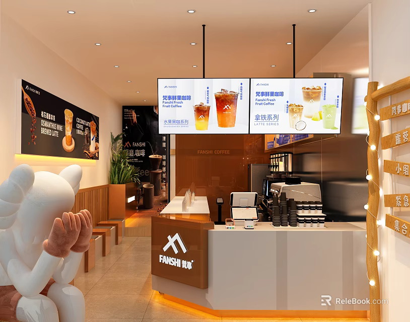 Modern Cafe Interior With Counter Digital Menu Screens And Decorative Elements 3d model