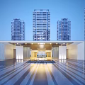 Elegant Modern Entrance Gate Design With Illuminated Path And Tower Buildings