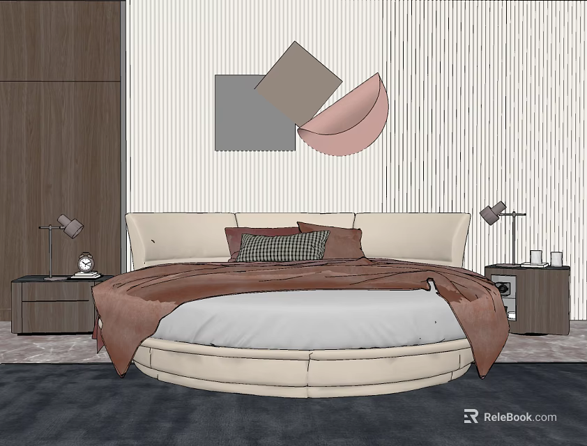 Modern Round Bed Bedroom Interior Design With Soft Mattress And Bedside Lamps 3d model 