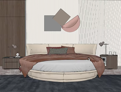 Modern Round Bed Bedroom Interior Design With Soft Mattress And Bedside Lamps 3d model