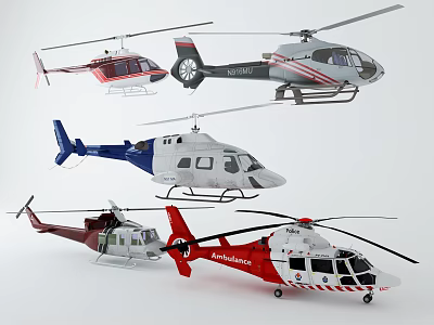 Different Colored Helicopters Various Models Display Collection On White Background 3d model
