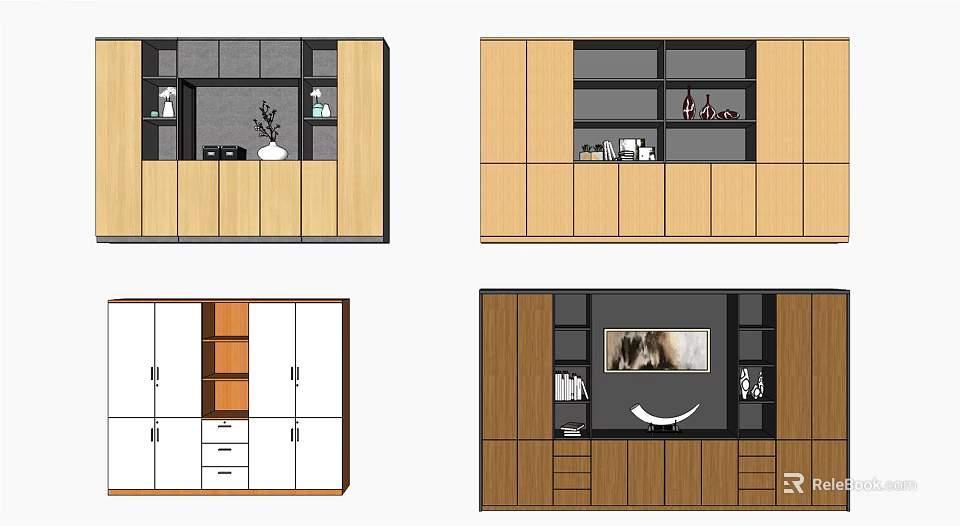 Modern Decorative Cabinet Design With Wooden Finish Drawers Shelves And Decorative Items 3d model 