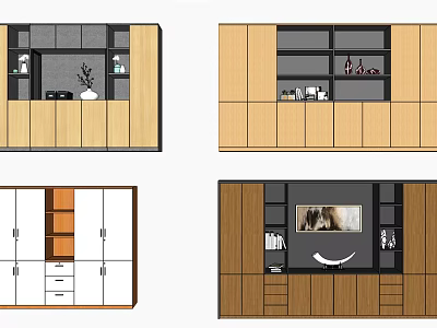 Modern Decorative Cabinet Design With Wooden Finish Drawers Shelves And Decorative Items 3d model