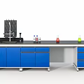 Laboratory Lab Bench With Blue Cabinets Black Countertop Faucet Reagent Bottles And Erlenmeyer Flasks