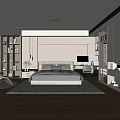 Modern Bedroom Interior Design With Bed Pillows Shelves Lighting Desk And Rug