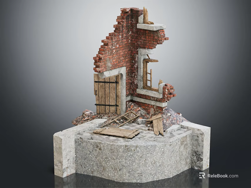 Damaged Brick Wall Structure With Wooden Door Window Frame And Concrete Base Debris 3d model 