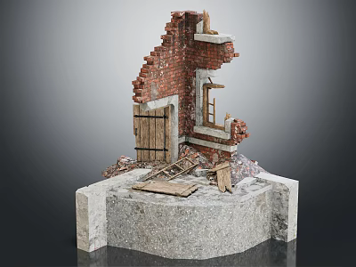 Damaged Brick Wall Structure With Wooden Door Window Frame And Concrete Base Debris 3d model