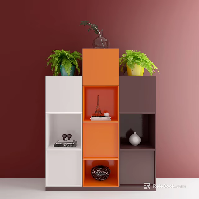 Stylish Multicolored Bookcase Featuring Orange White Dark Brown Shelves With Potted Plants Vase And Decorative Model 3d model 