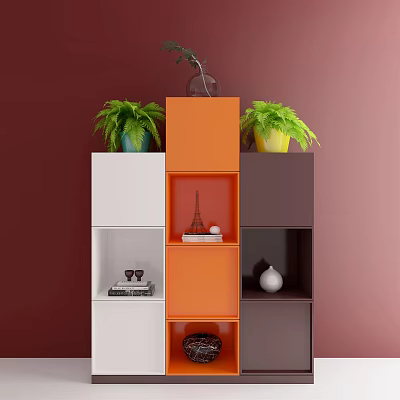 Stylish Multicolored Bookcase Featuring Orange White Dark Brown Shelves With Potted Plants Vase And Decorative Model 3d model