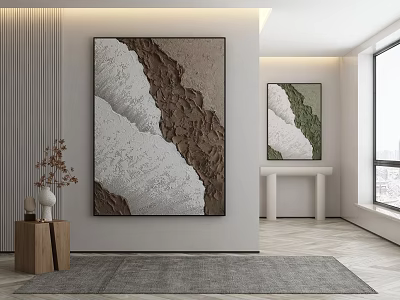 Modern Interior Decor With Large Brown White Abstract Painting And Green Artwork 3d model