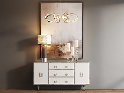 Stylish White Entryway Console Table Design With Metal Accents Table Lamp Candles Painting And Chandelier 3d model