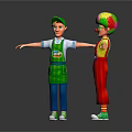 Animated Boy With Green Cap And Clown With Colorful Hair In Overalls Stretching Arms