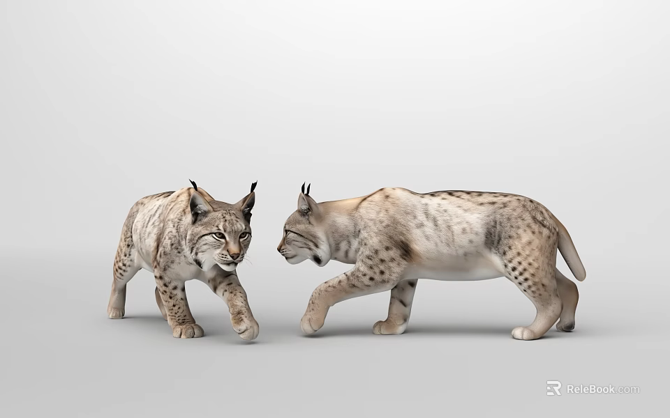 Two Lynx Walking Side by Side With Realistic Fur Pattern and Alert Posture 3d model 
