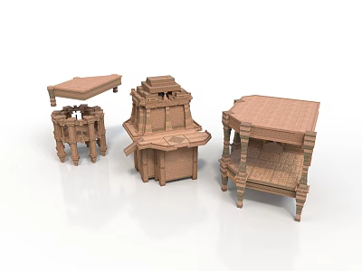 Architectural Wooden Furniture Pieces With Carved Details And Table Structures 3d model