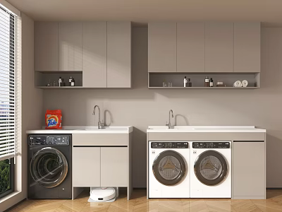 Modern Laundry Room With Two Washing Machines Cabinets And Sink 3d model